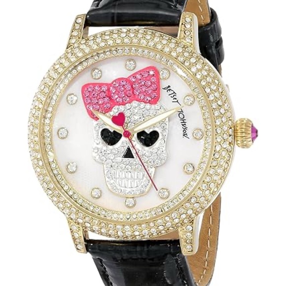 Betsey Johnson Jewelry - Funky Betsey Johnson Pink and Gold color Crystals Skull watch